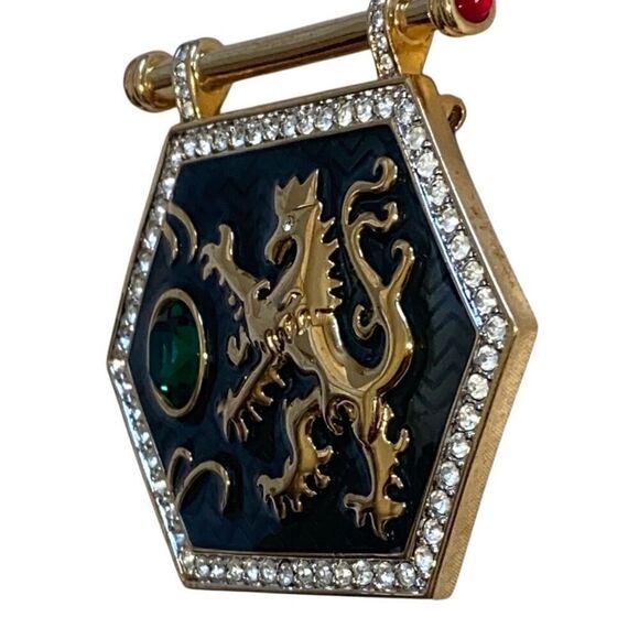 SWAROVSKI 80s Maximalism GoldTone Green Enamel Medieval Cosplay Shield Brooch - Picture 2 of 7